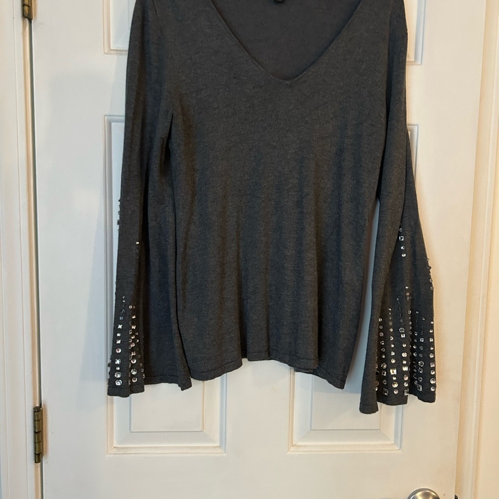 INC International Concepts Charcoal V-Neck Blouse with Sequin Accents